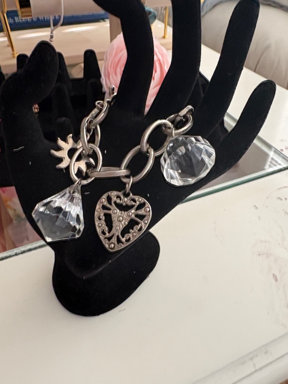 Silver-Tone Heart Charm Bracelet with Clear Charms Vintage